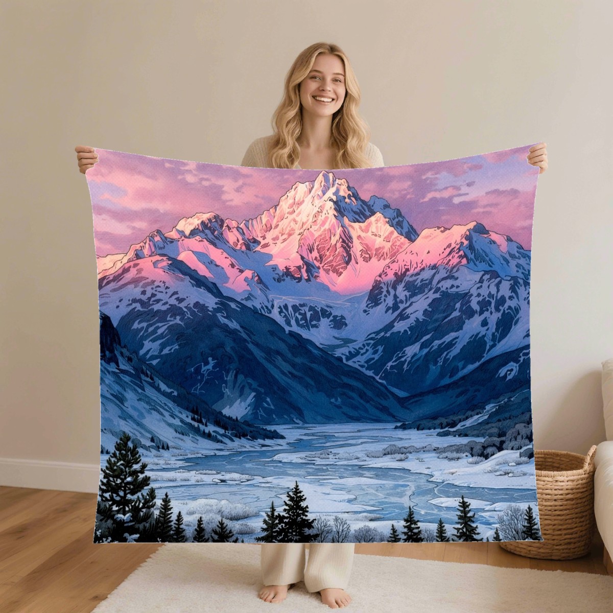 snowy peak sunset blanket worn by a model, personalized Christmas gift for son