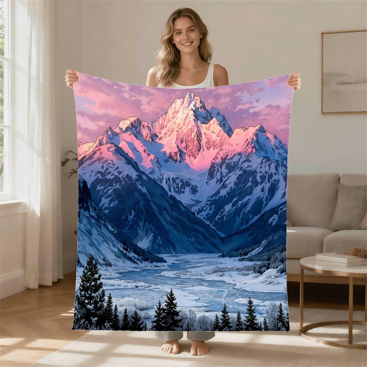 snowy peak sunset blanket modeled in a home setting, gift for son, Christmas