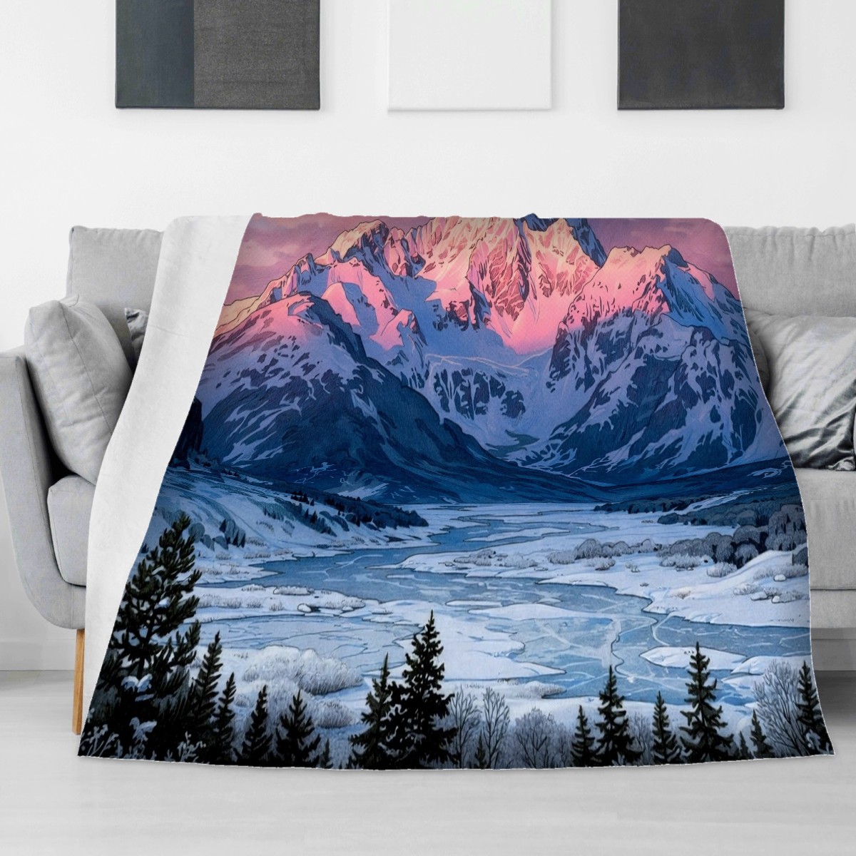 Snowy mountain sunset blanket on a sofa, winter Christmas gift for son