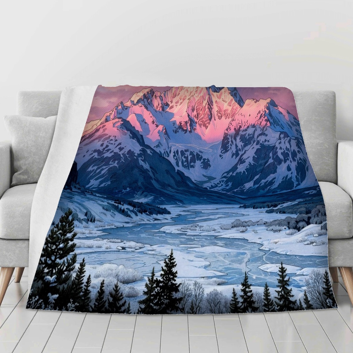 snowy peak sunset blanket on a second sofa, personalized Christmas gift for son
