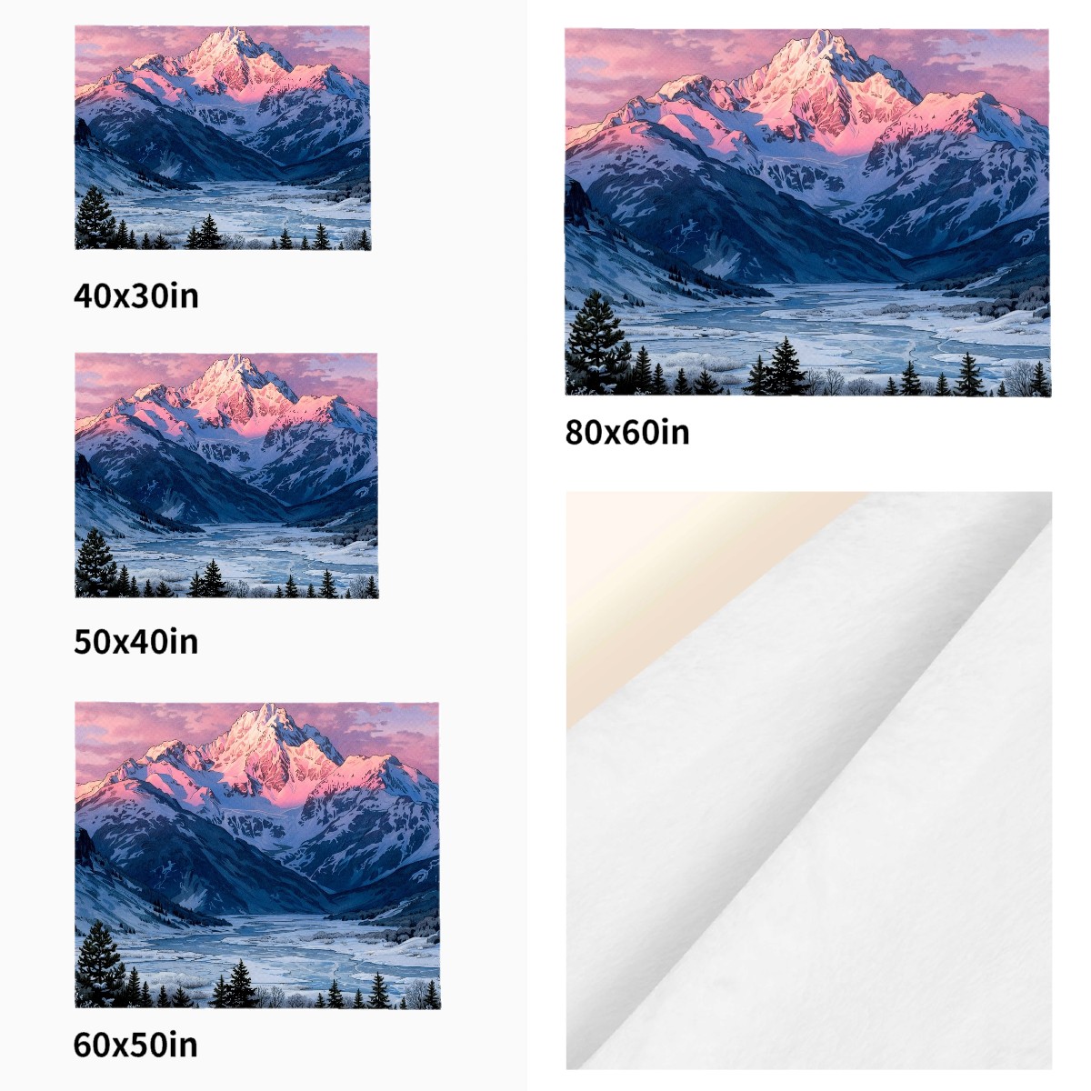 snowy peak sunset flannel blanket size comparison across all four sizes