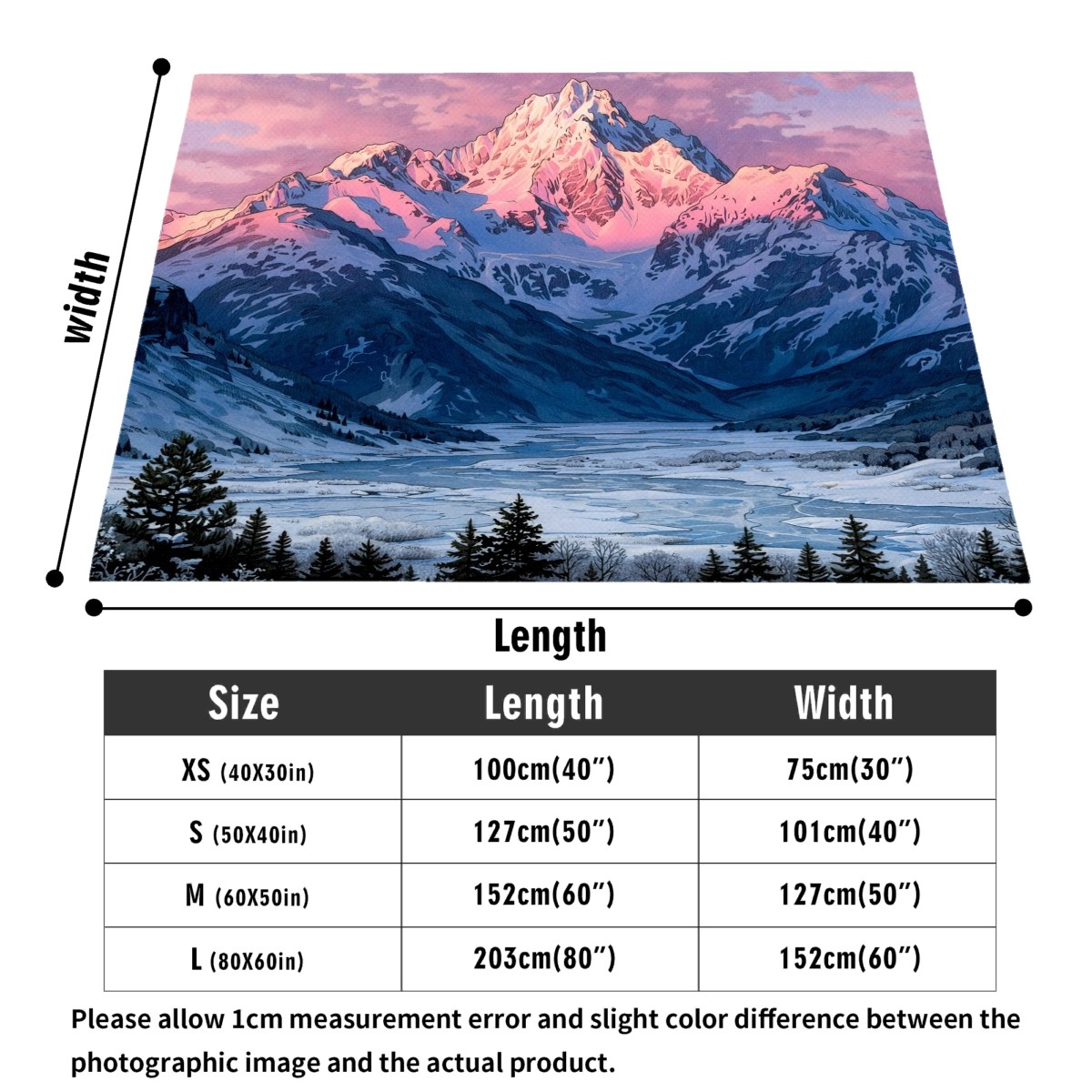 snowy peak sunset flannel blanket size guide, 30x40 to 60x80 inch