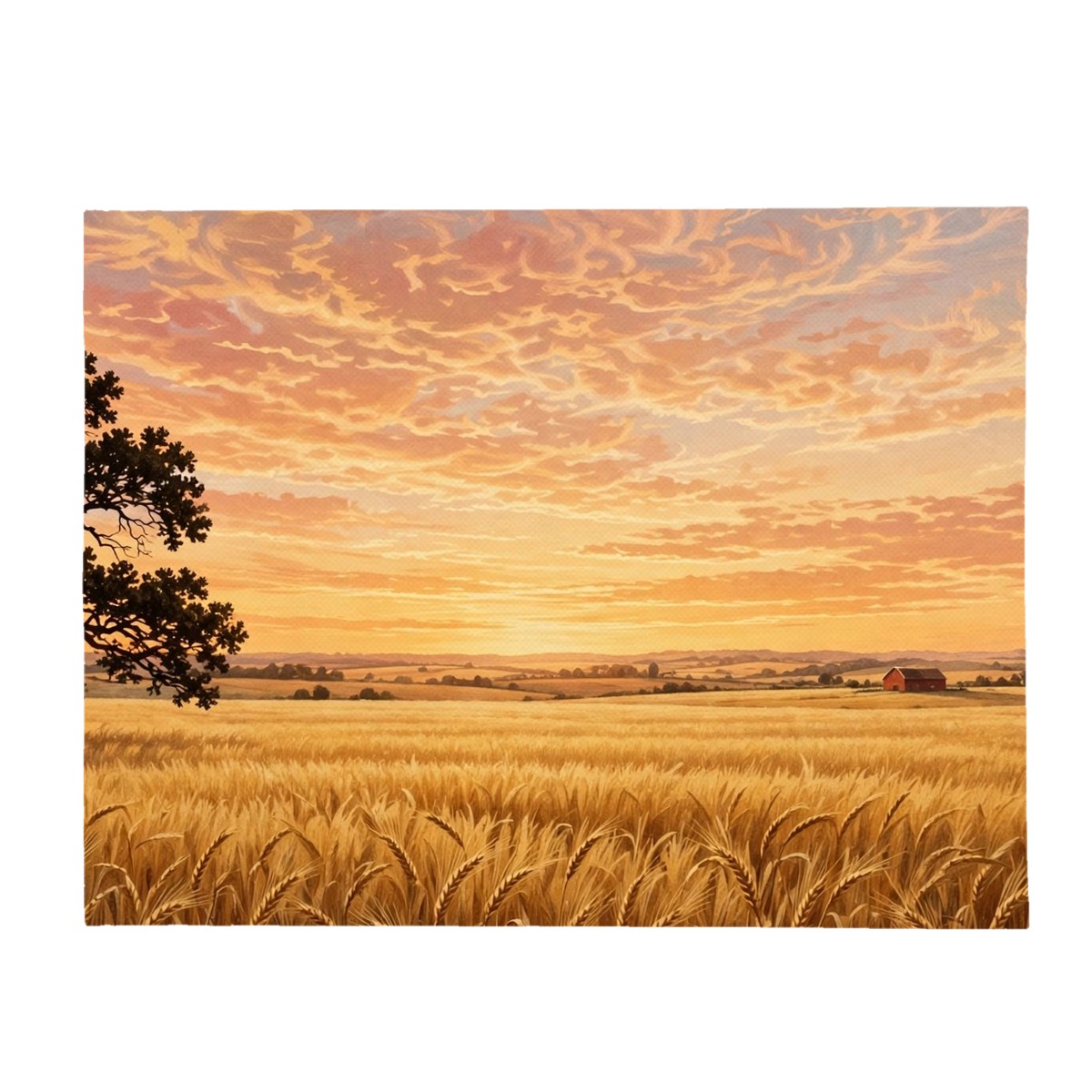 Countryside field sunset flannel blanket with a golden wheat field and an oak tree, Christmas gift for wife