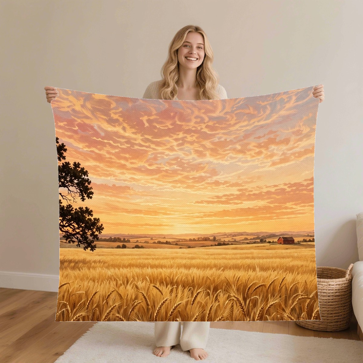 countryside field sunset blanket worn by a model, personalized Christmas gift for wife