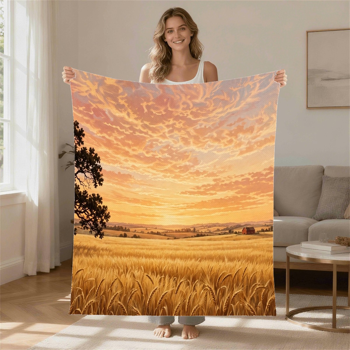 countryside field sunset blanket modeled in a home setting, gift for wife, Christmas