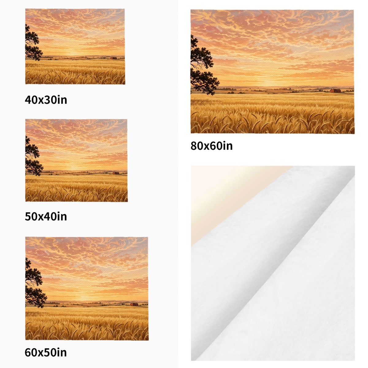 countryside field sunset flannel blanket size comparison across all four sizes